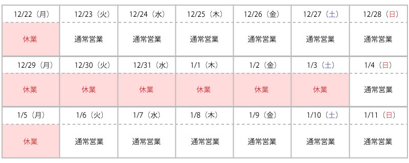 棟匠2025年末年始営業日